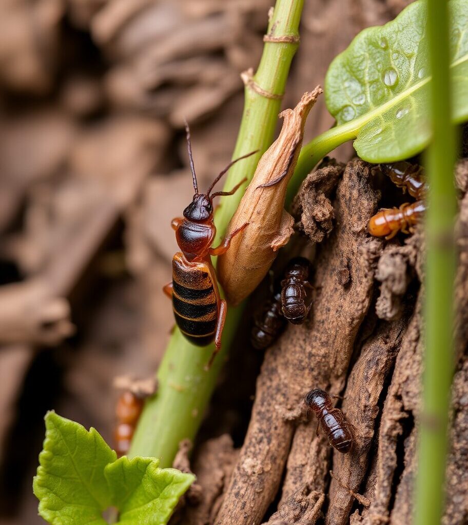 earwig vs termites feeding on plant and wood.